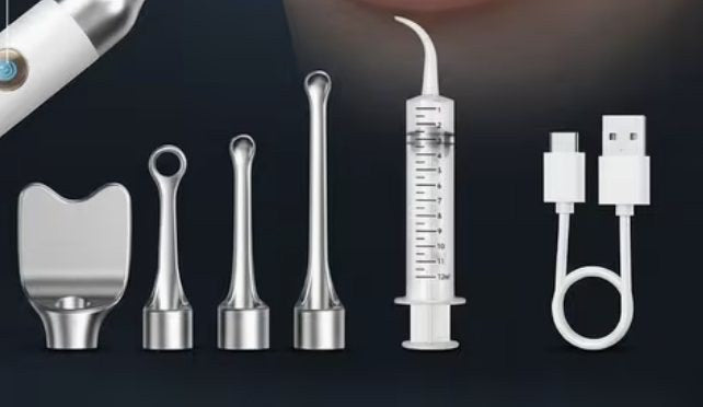 Kit contents: tips, rinse syringe and USB-C cable