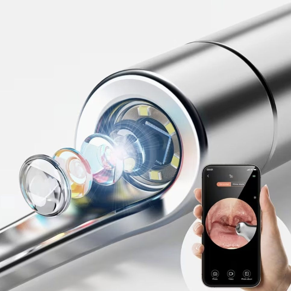 Close-up of the Cleara 1080p camera tip with LED ring and live phone view